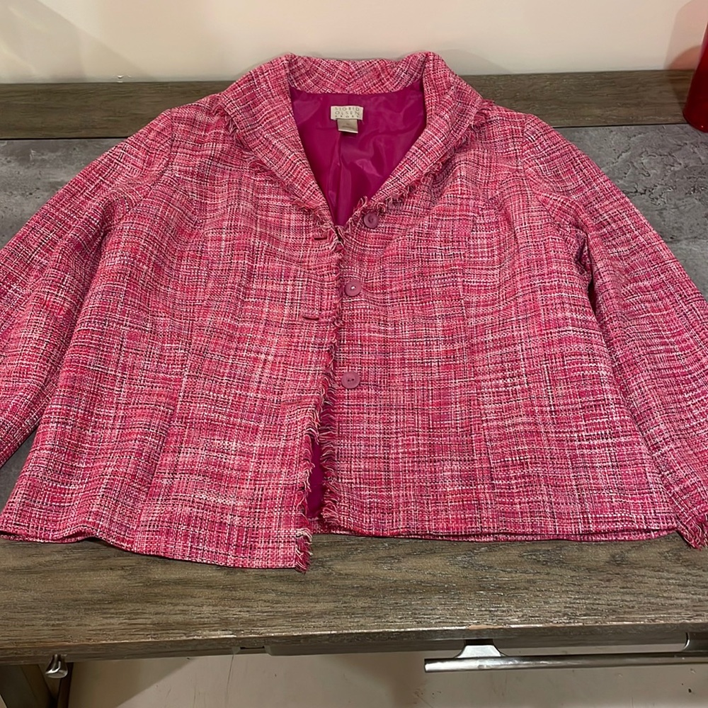 Pink tweed skirt suit set fringe silk plus 16 fringe blazer Sigrid Olsen Sport